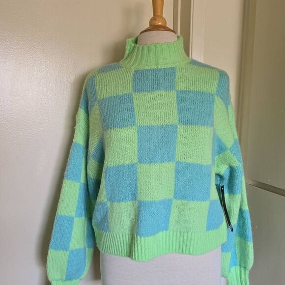 MM by My Michelle pale turquoise/jade checkerboard sweater with ribbed turtlenec - Picture 1 of 9